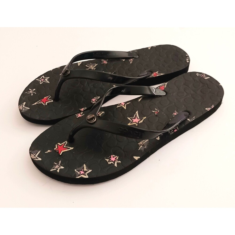 Coach Abbigail Turnlock Flip Flops Black C Logo Embossed Insole w Stars Sz 9 - Picture 2 of 9